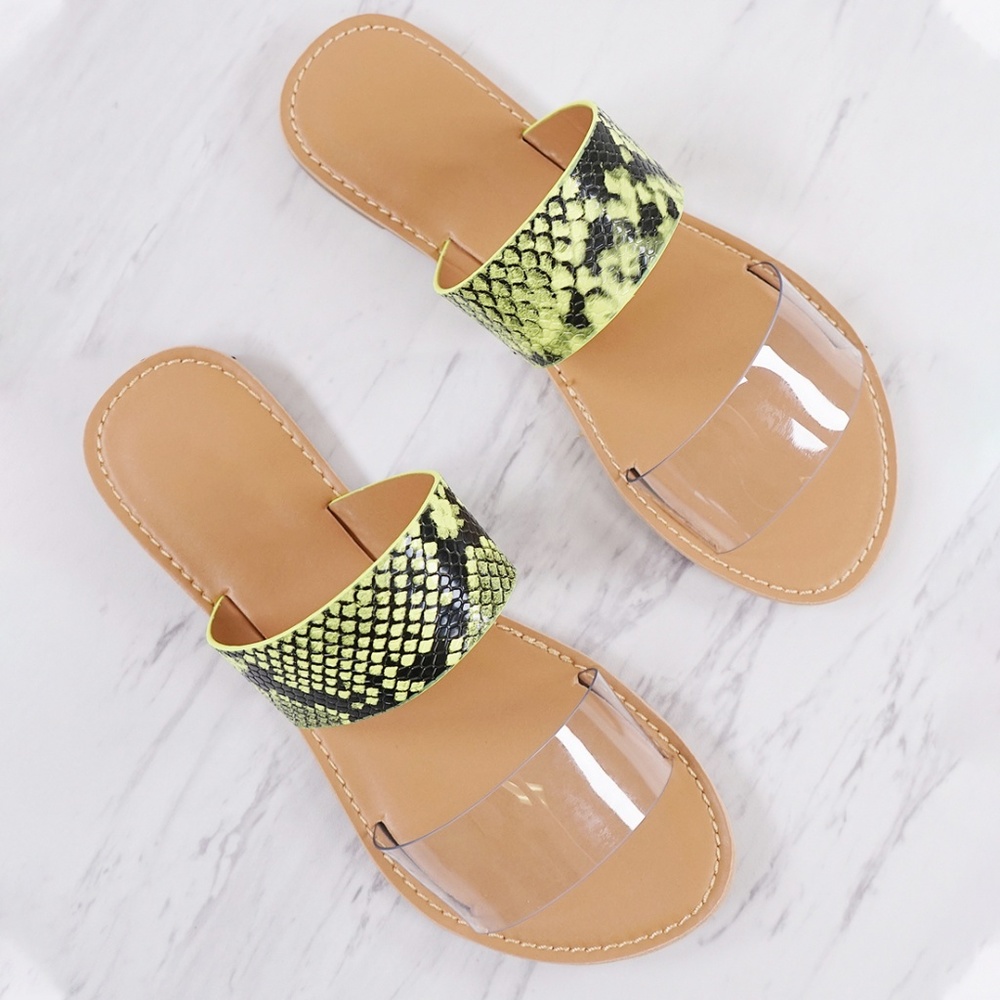 NEON YELLOW SNAKE CLEAR STRAPPY FLAT SANDALS